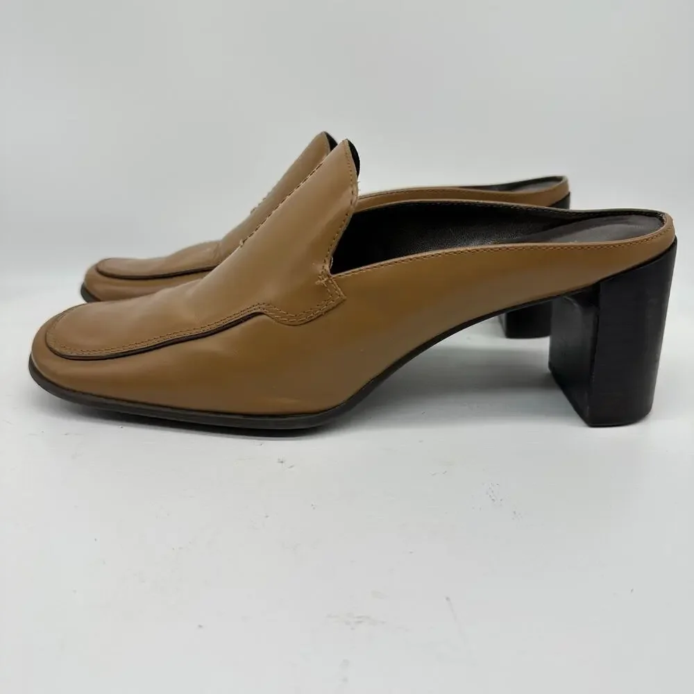 Apostrophe Cognac Block Heel Leather Square Toe Mule Womens Size 7 Y2K Vintage